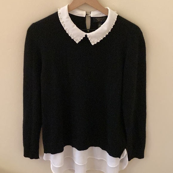 Charter Club Luxury Cashmere Shirttail Sweater Embellished Contrast Collar Sz L - Picture 1 of 15